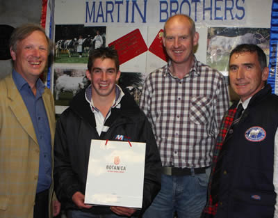 David Chestnutt, representing his sister Zara, winner of the medium herd of the NI British Blue Herds competition with Judge Graham Brindley, sponsor Michael Lynch of Botanica and Harold McKee sec of the NI club at the awards presentation evening held at Martin Brothers’ farm, Newtownards, C Down.